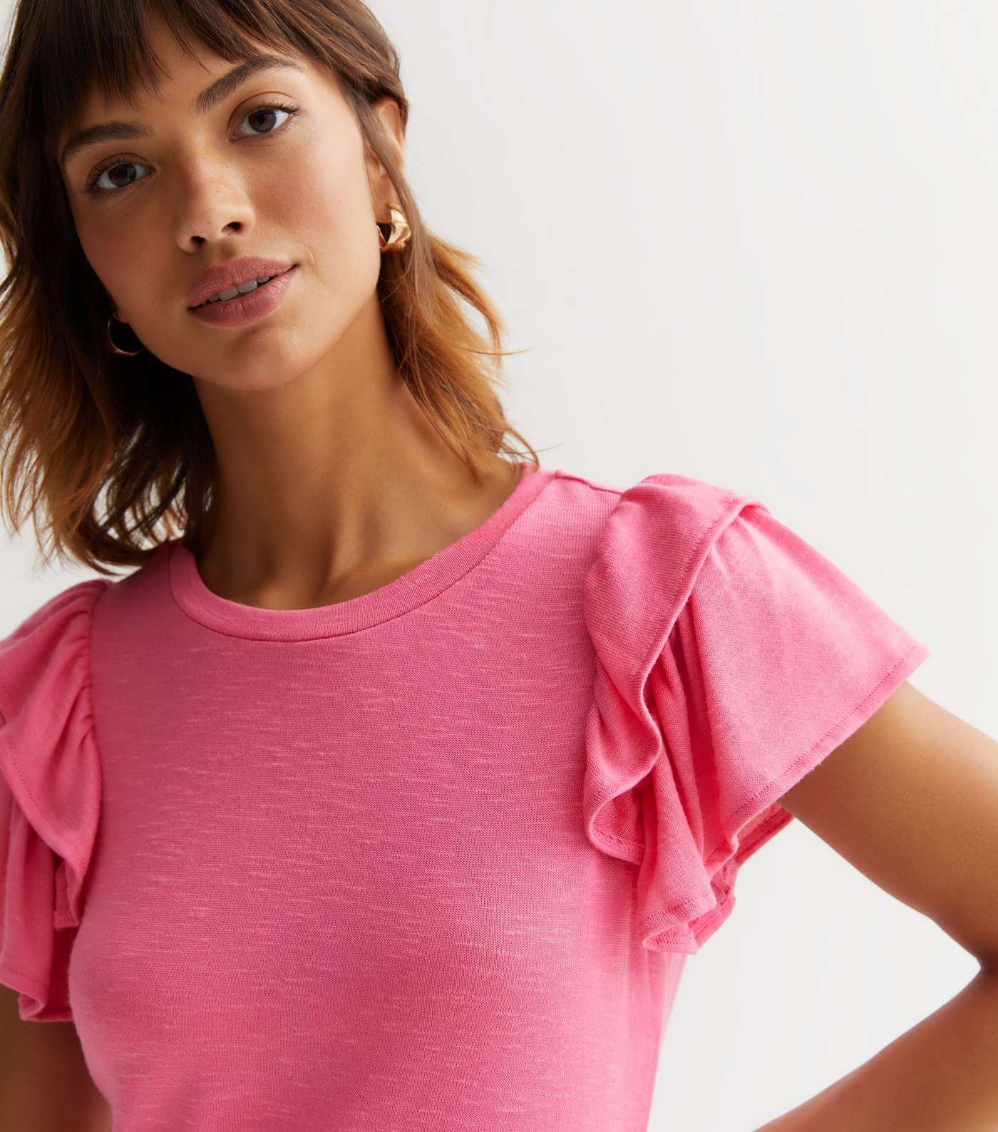 Bright Pink Fine Knit Double Frill Sleeve T-Shirt Image 2