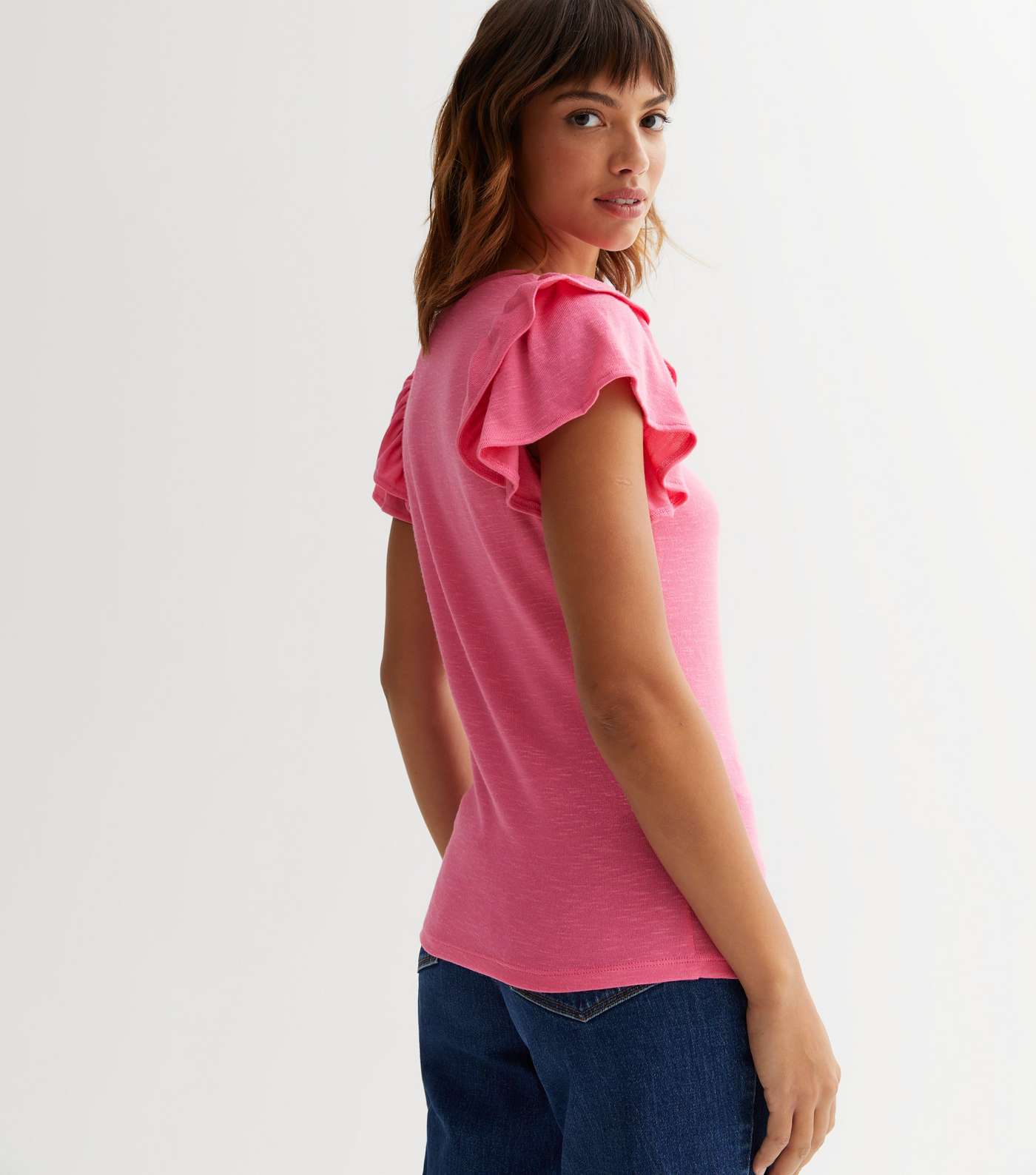 Bright Pink Fine Knit Double Frill Sleeve T-Shirt Image 4