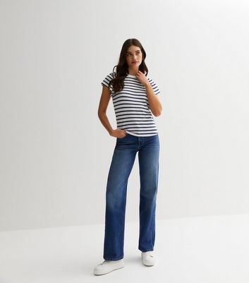 Blue Stripe Fine Knit Frill Sleeve T-Shirt | New Look