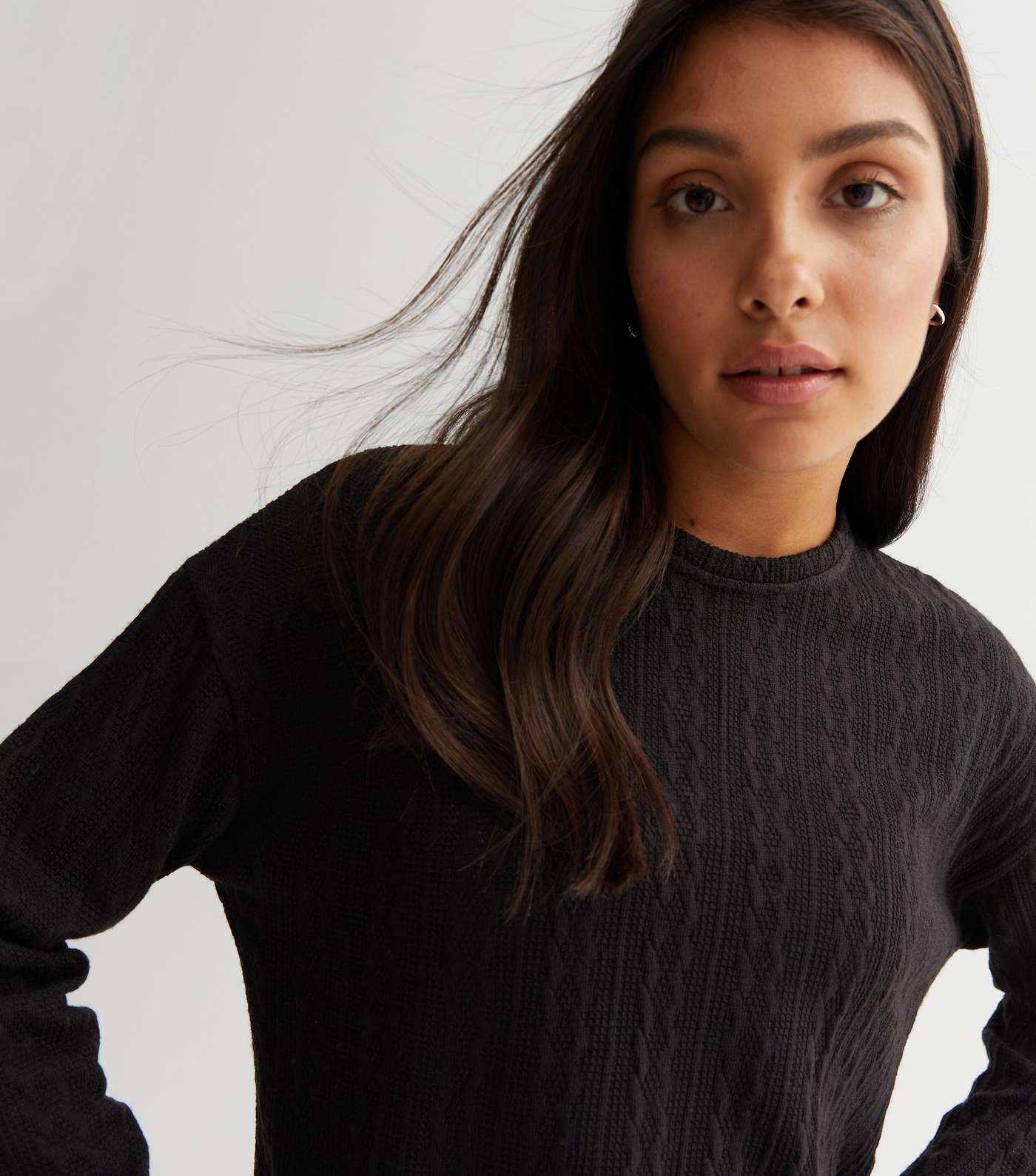 Black Fine Cable Knit Long Sleeve Top Image 2