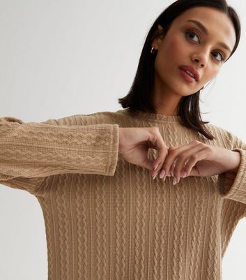 Camel Fine Cable Knit Long Sleeve Top