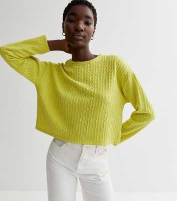 Green Fine Cable Knit Long Sleeve Top