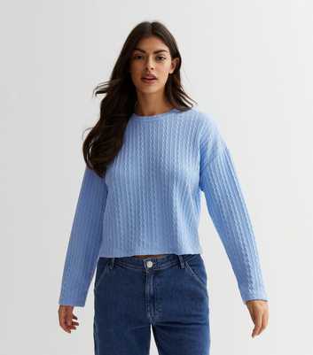 Blue Fine Cable Knit Long Sleeve Top