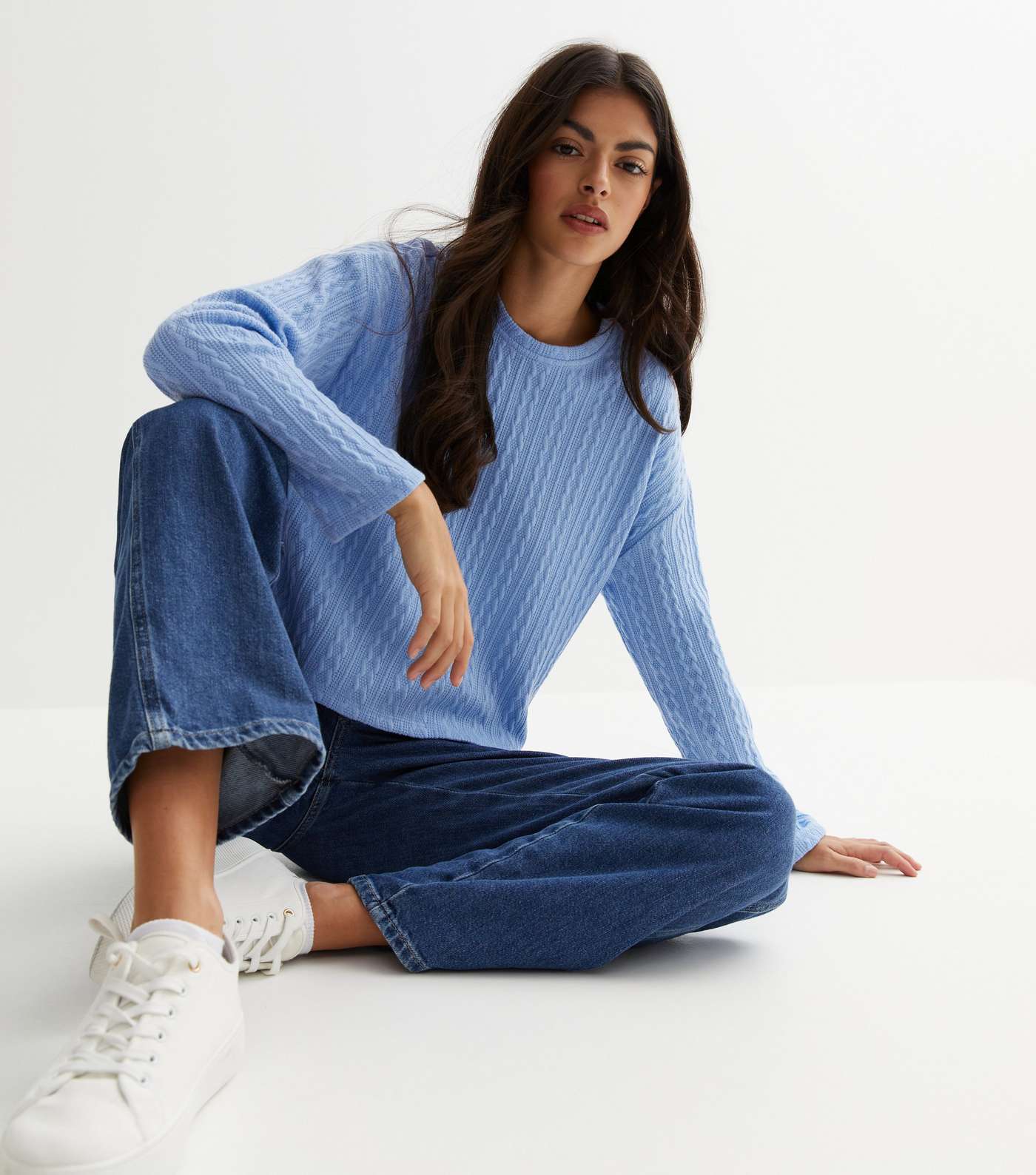 Blue Fine Cable Knit Long Sleeve Top Image 2