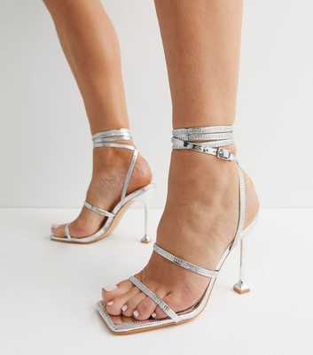 Public Desire Silver Diamanté Strappy Stiletto Heel Sandals