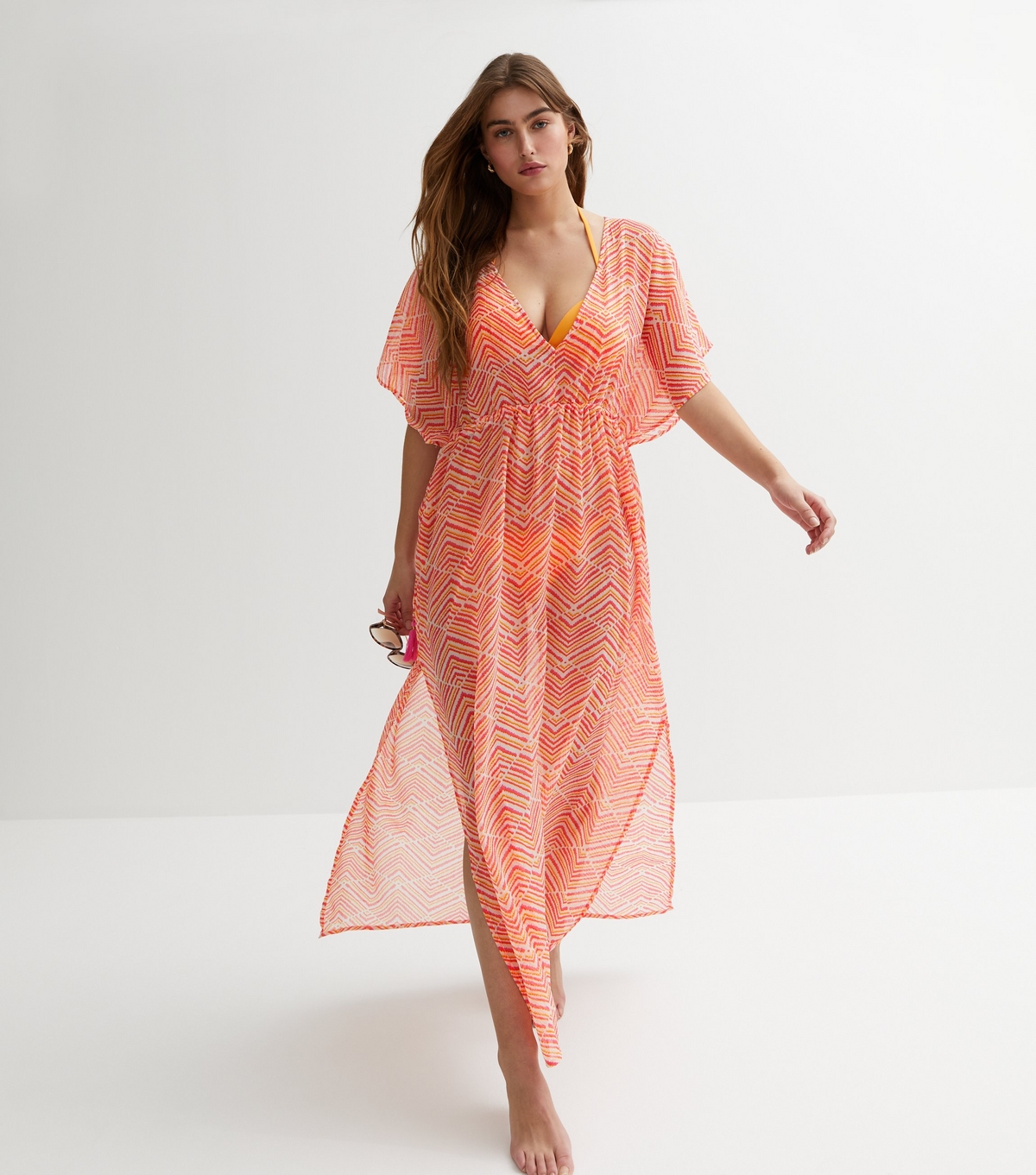 Women's Orange Chevron Chiffon Tassel Maxi Kaftan New Look