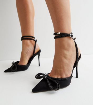 Public Desire Black Suedette Bow Strappy Stiletto Heel Court Shoes New Look