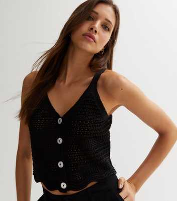Black Crochet Knit Frill Hem Vest