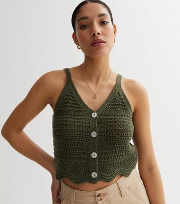 Khaki Crochet Knit Frill Hem Crop Vest | New Look