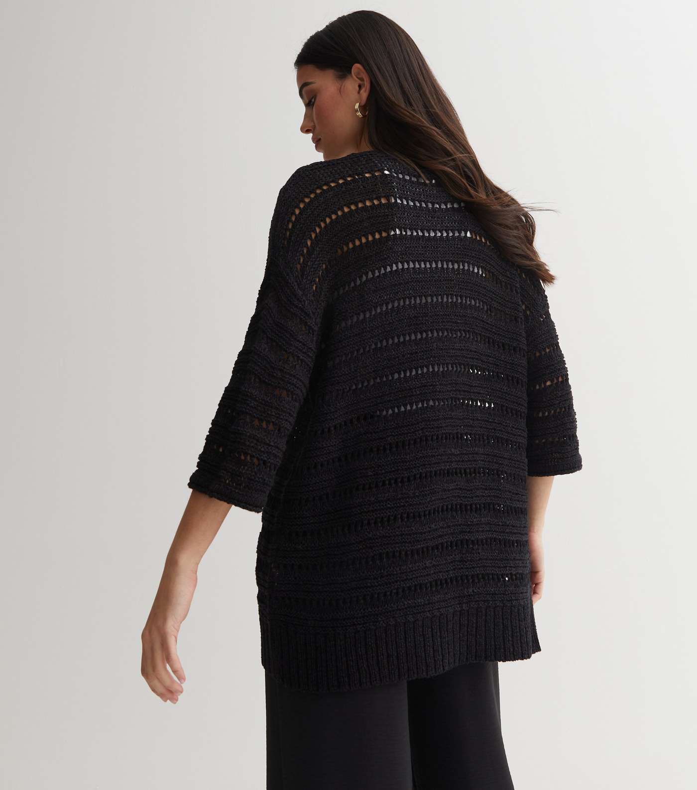 Black Crochet Knit 3/4 Wide Sleeve Long Cardigan Image 4