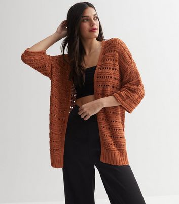 Rust Knit 3 4 Sleeve Long Cardigan New Look