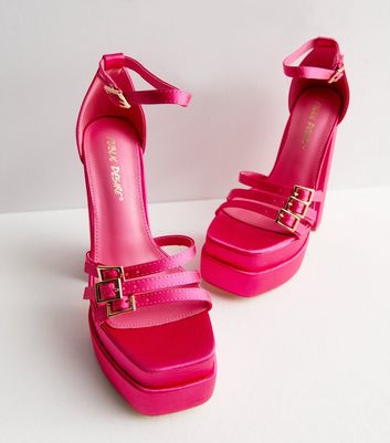Public Desire Mid Pink Satin Platform Block Heel Sandals New Look