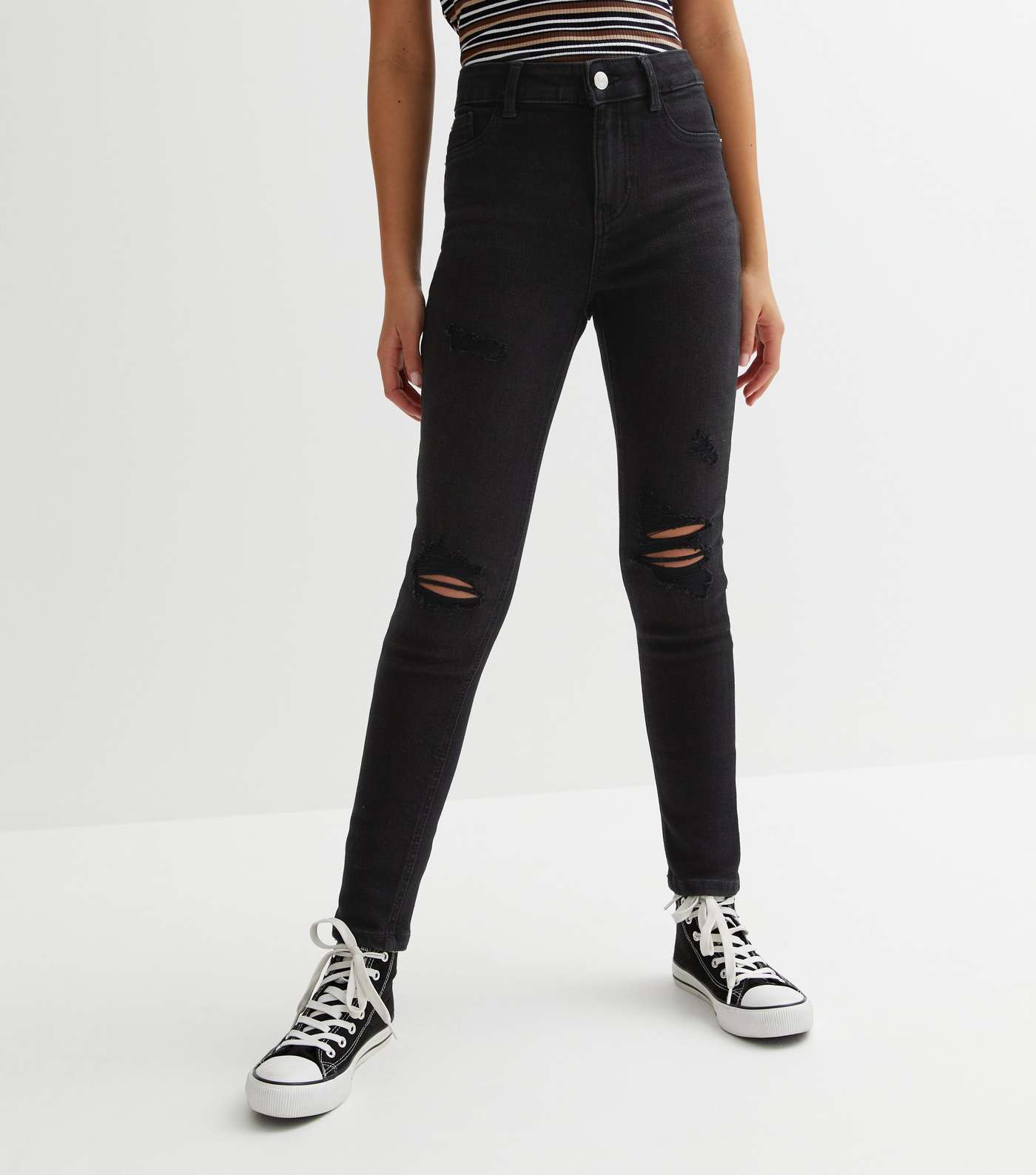 Girls Black Ripped Knee High Waist Hallie Super Skinny Jeans Image 2