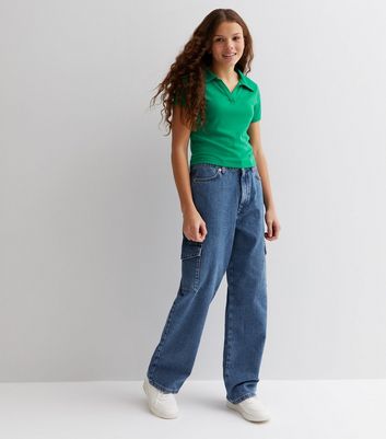 Girls Blue Cargo Pocket High Waist Sinead Baggy Fit Jeans