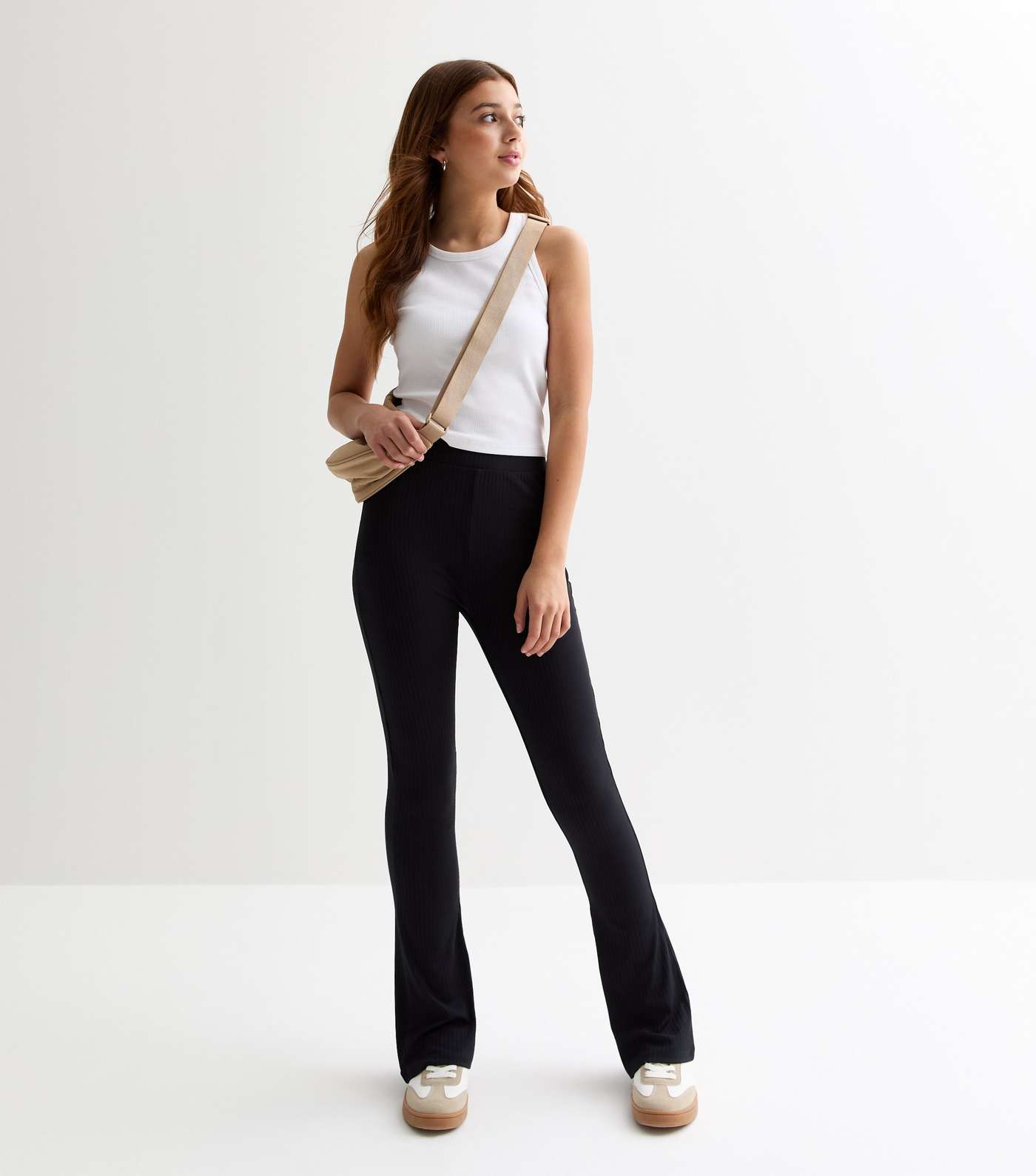 Girls Black Ribbed High Waist Flared Trousers Image 2