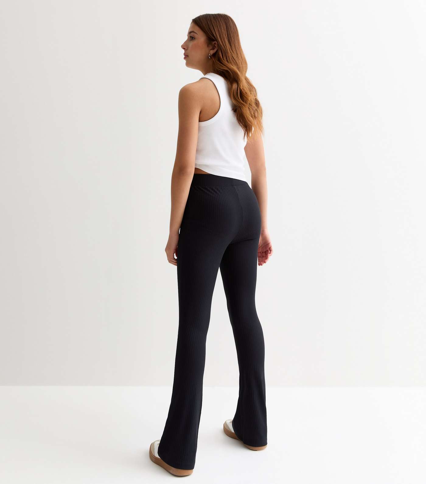 Girls Black Ribbed High Waist Flared Trousers Image 4