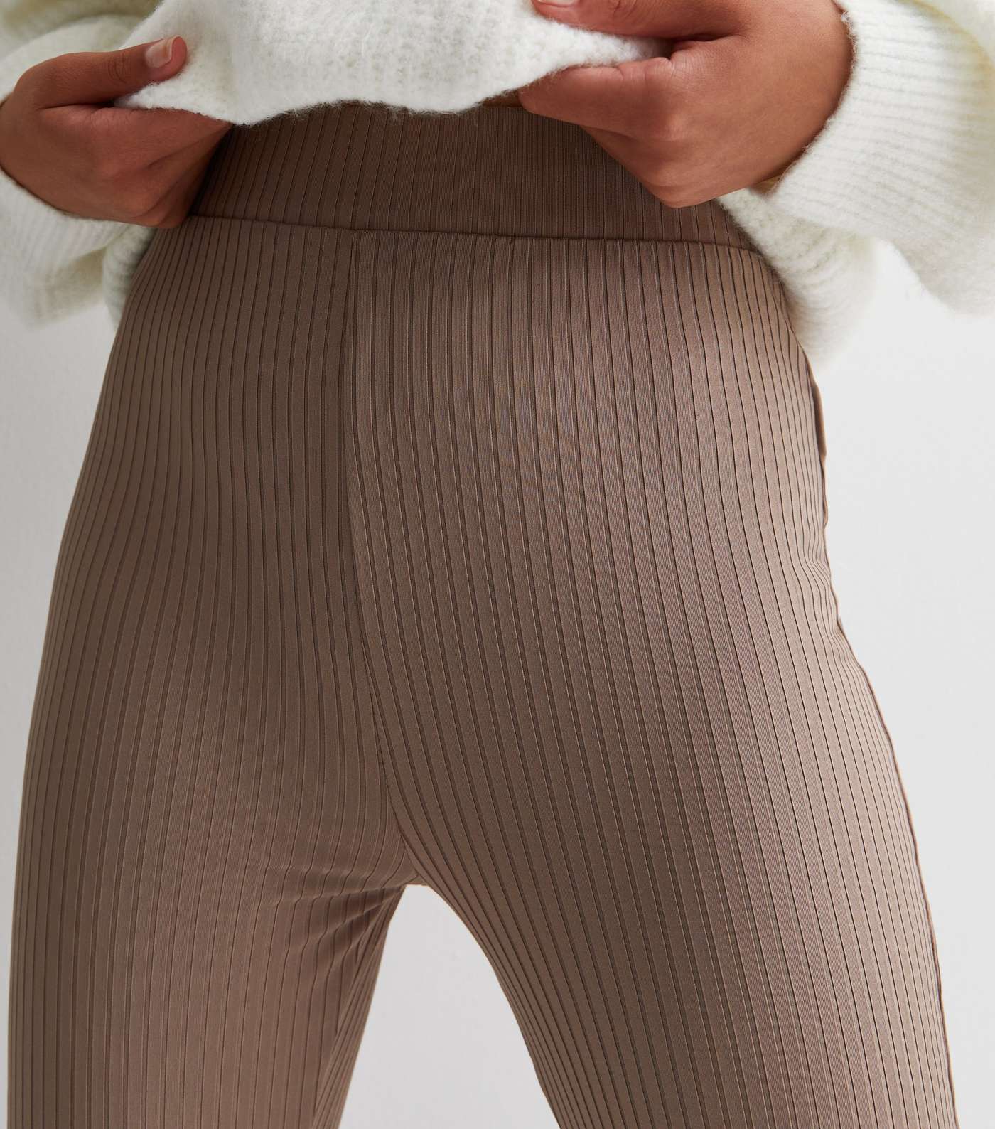 Girls Light Brown Ribbed High Waist Flared Trousers Image 3