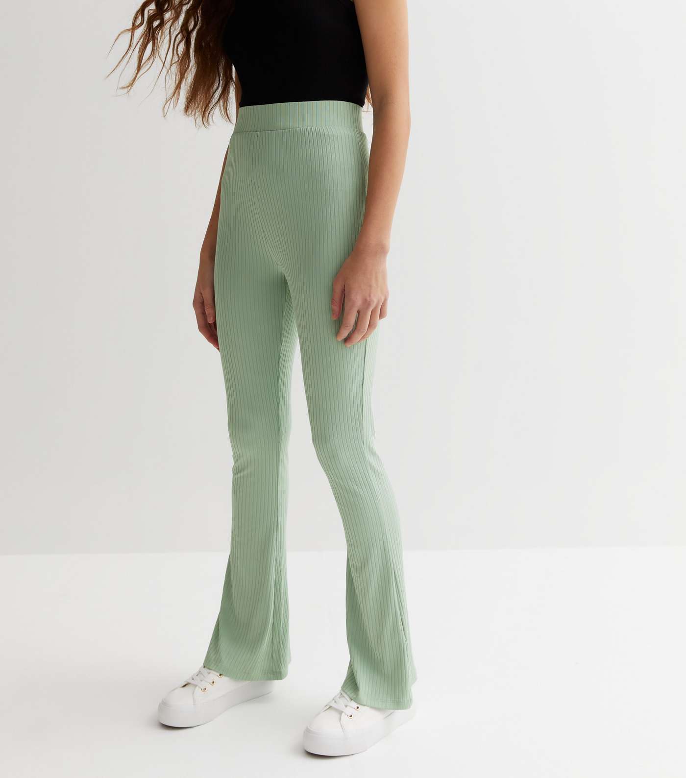 Girls Light Green Ribbed High Waist Flared Trousers Image 2