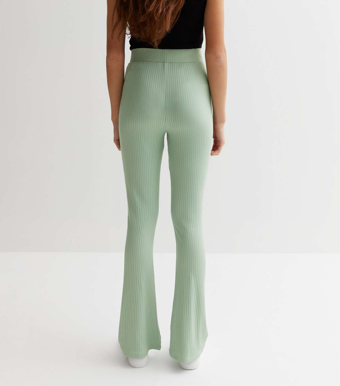 Girls Light Green Ribbed High Waist Flared Trousers Image 4