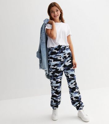 Zion Tall High Waist Camo Cargo Trousers in Blue Print  Oh Polly