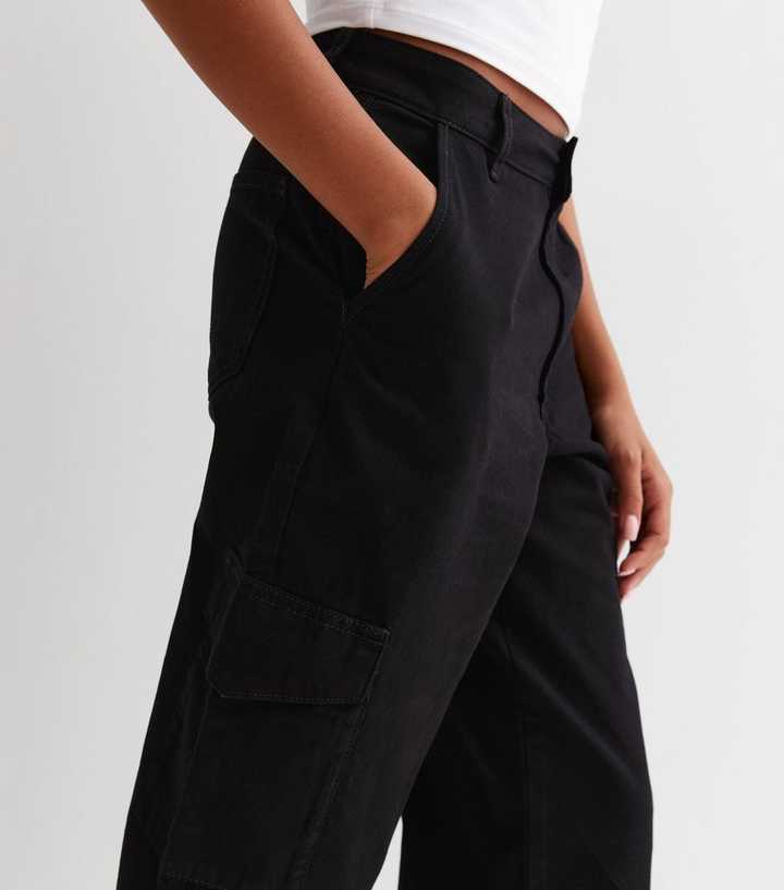 Girls Black Mid Rise Wide Leg Cargo Trousers