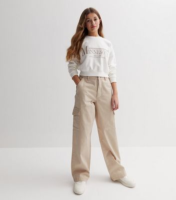 Girls Cream Mid Rise Wide Leg Cargo Trousers New Look