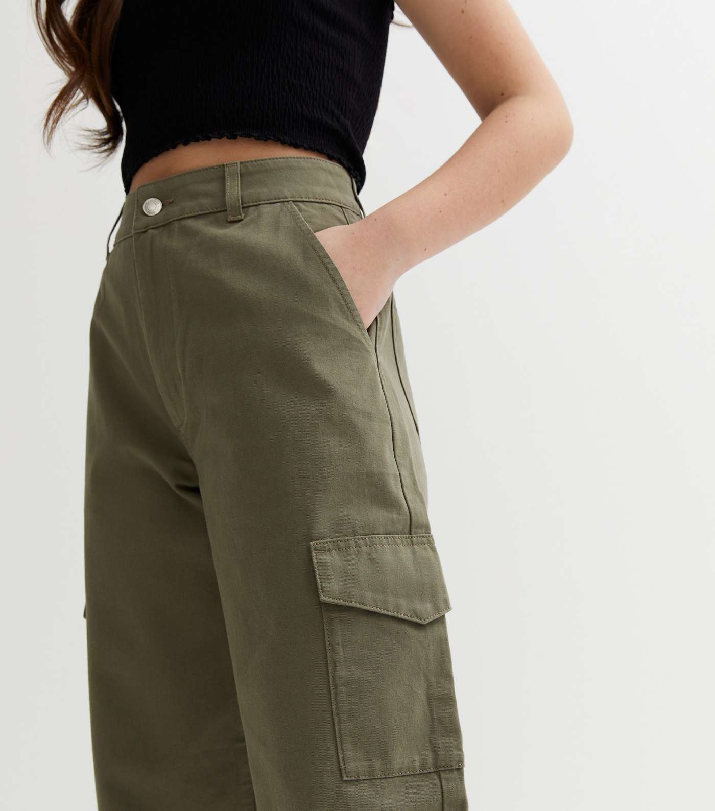 Girls Khaki Cotton Mid Rise Wide Leg Cargo Trousers Image 3