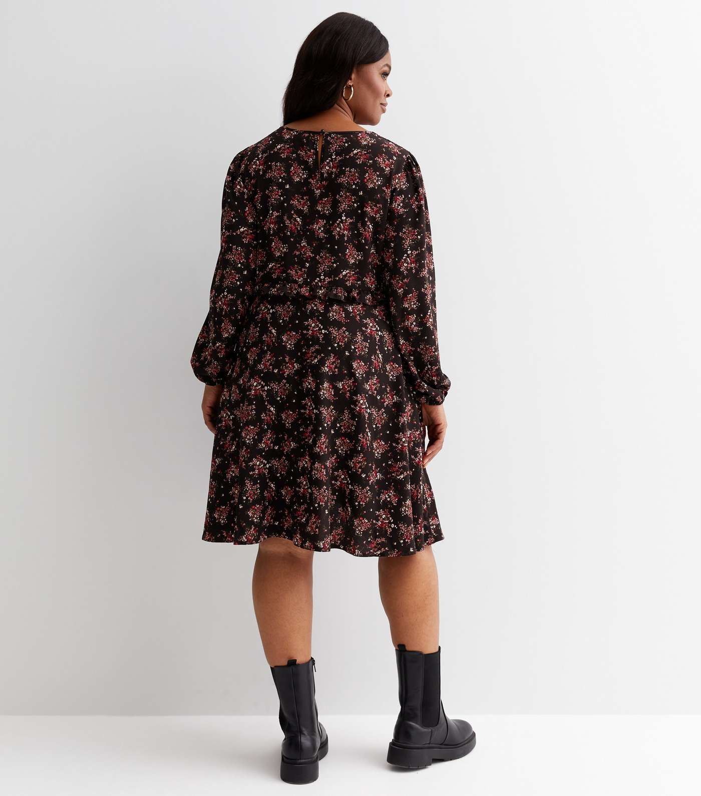 Curves Black Floral Long Puff Sleeve Button Front Mini Dress Image 4