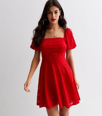 Red Lace Square Neck Puff Sleeve Skater Dress New Look