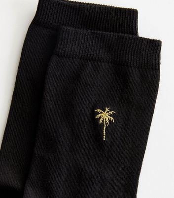 Black Embroidered Glitter Palm Tree Socks New Look
