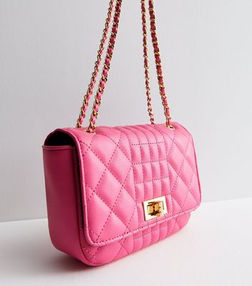 Bright Pink Quilted Leather Look Chain Strap Cross Body Bag New Look