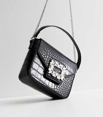 Black Faux Croc Diamanté Front Cross Body Bag