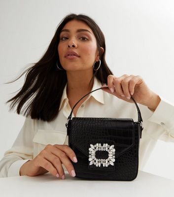 Black croc embossed boxy cross body bag online