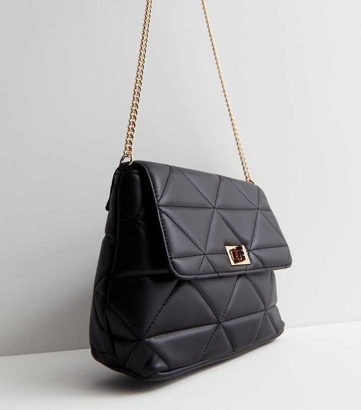 Black Designer Strap Quilted Crossbody Faux Leather Bag