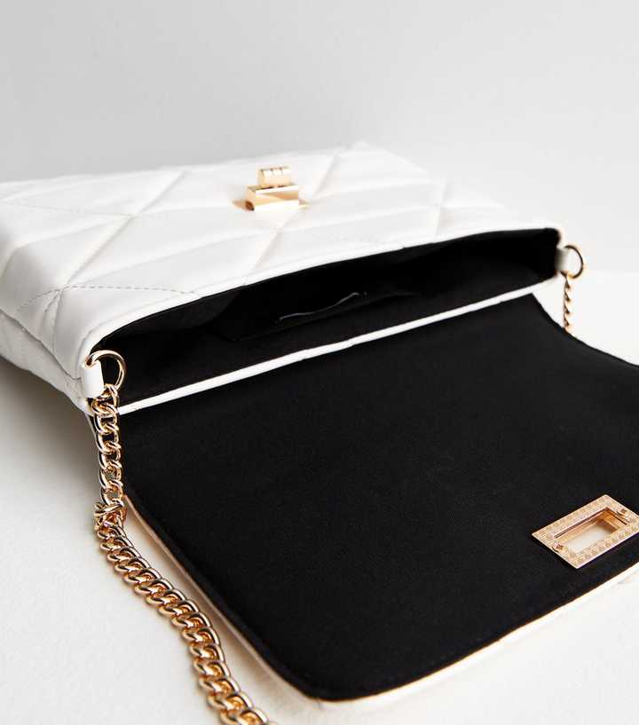 White Leather-Look Quilted Chain Strap Cross Body Bag