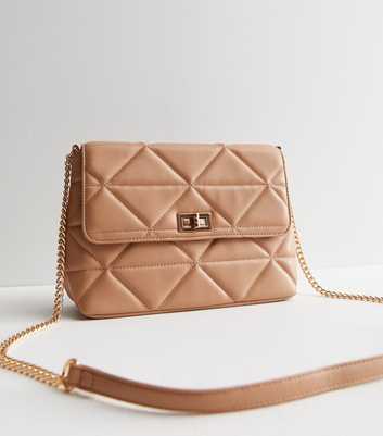 Camel Leather-Look Quilted Chain Strap Cross Body Bag