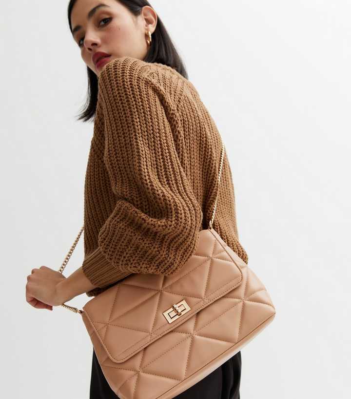 BR-HPC5211 Camel Quilted Big Chain Crossbody Bag