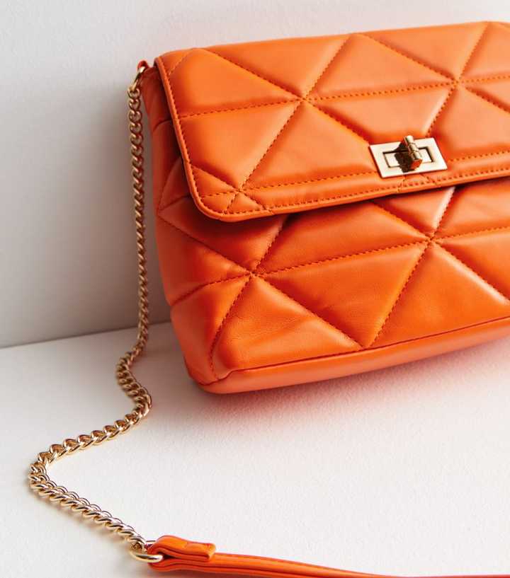 Bright Orange Leather-Look Quilted Chain Strap Cross Body Bag