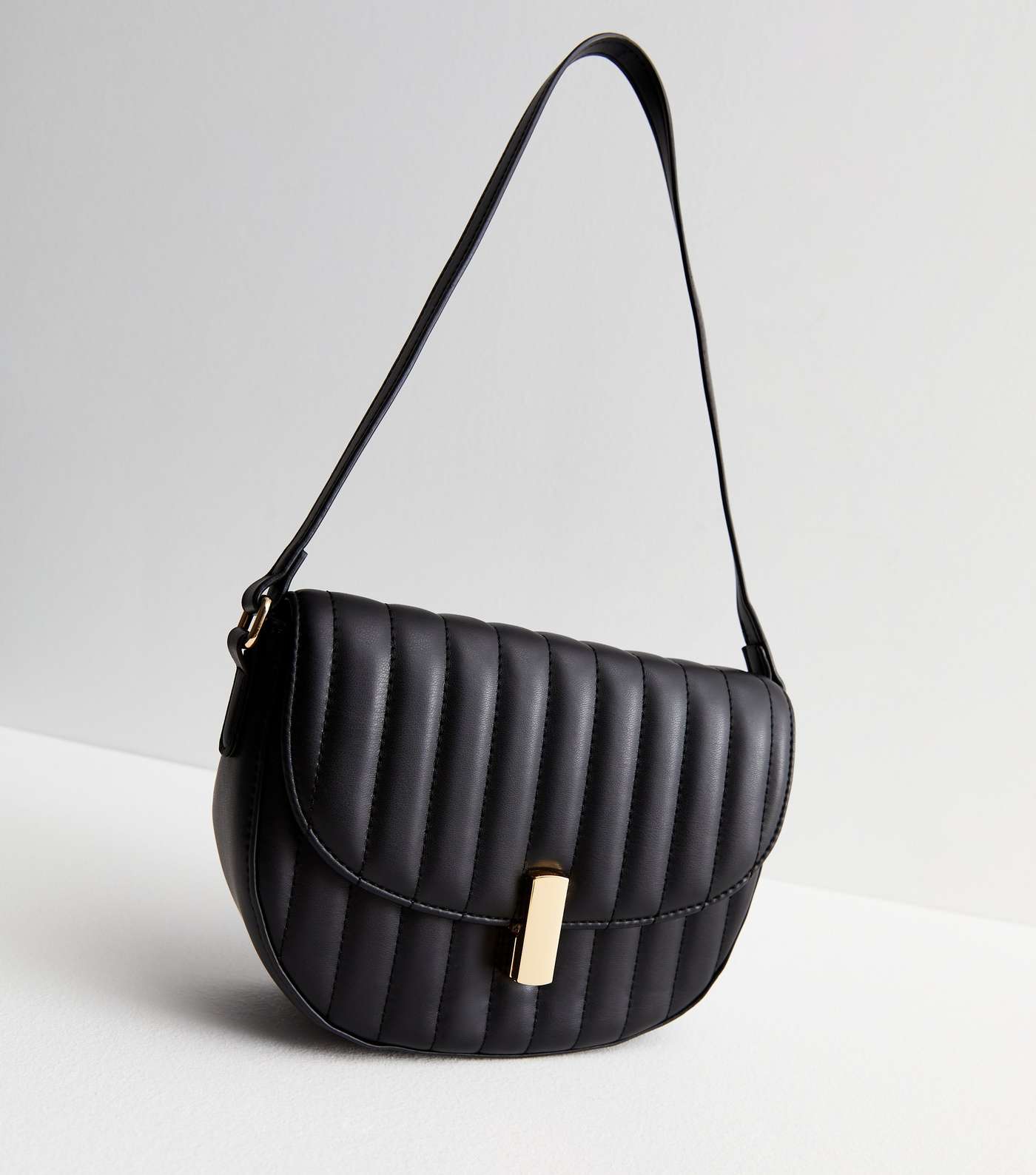 Black Leather-Look Quilted Saddle Shoulder Bag