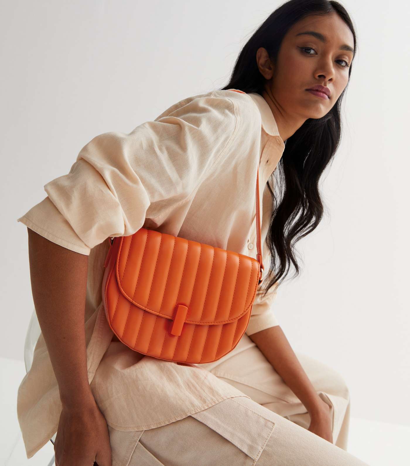 Bright Orange Leather-Look Quilted Saddle Shoulder Bag