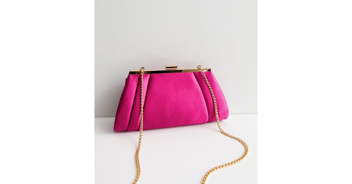 Bright Pink Satin Chain Strap Clutch Bag New Look