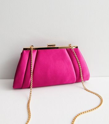 Bright Pink Satin Diamanté Broach Clutch Bag | New Look