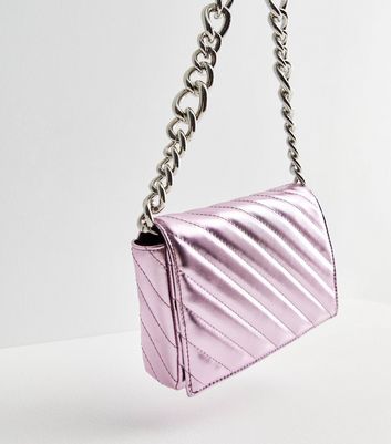 Mid Pink Metallic Quilted Chain Shoulder Bag New Look