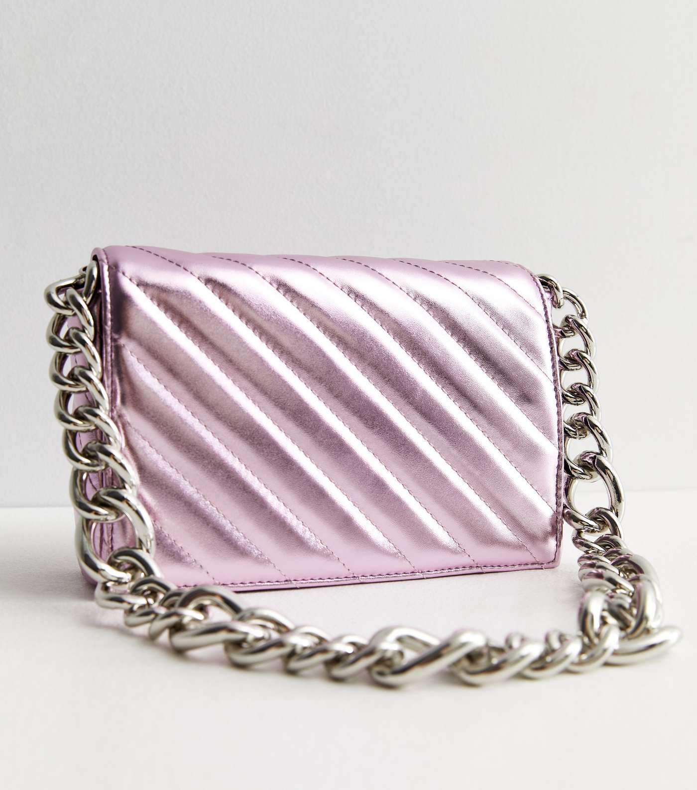 Mid Pink Metallic Quilted Chain Shoulder Bag Image 3