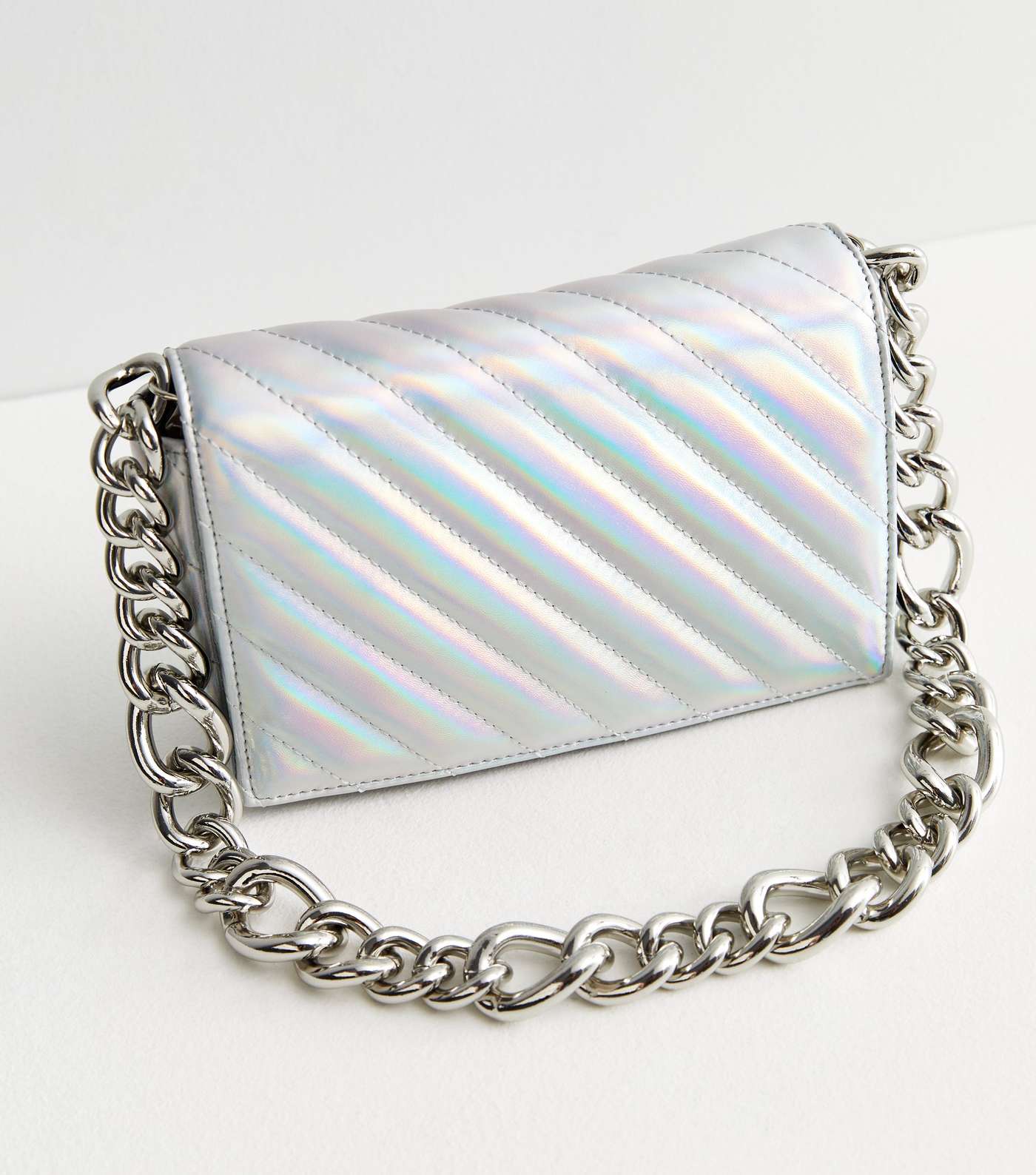 Silver Metallic Quilted Chain Shoulder Bag Image 3
