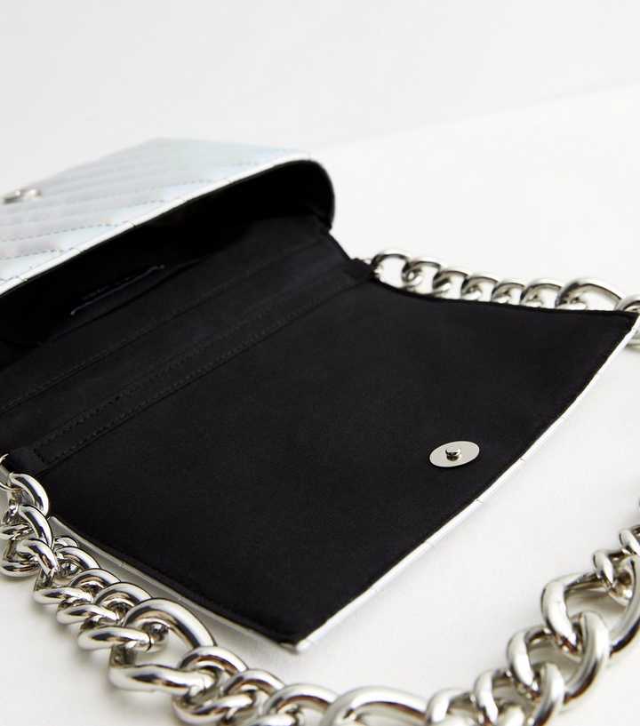 Silver Metallic Quilted Chain Shoulder Bag