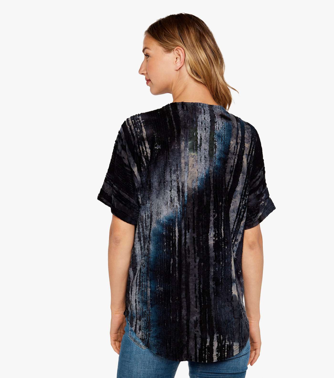 Apricot Blue Abstract Velvet Short Sleeve Zip Front Top Image 3