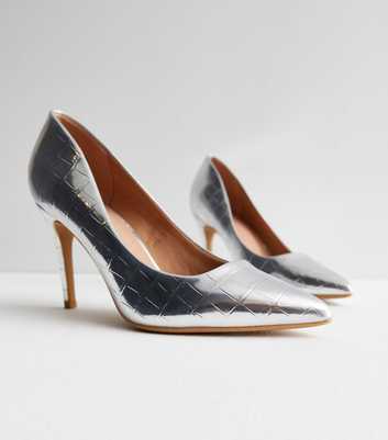 Silver Metallic Faux Croc Stiletto Heel Court Shoes