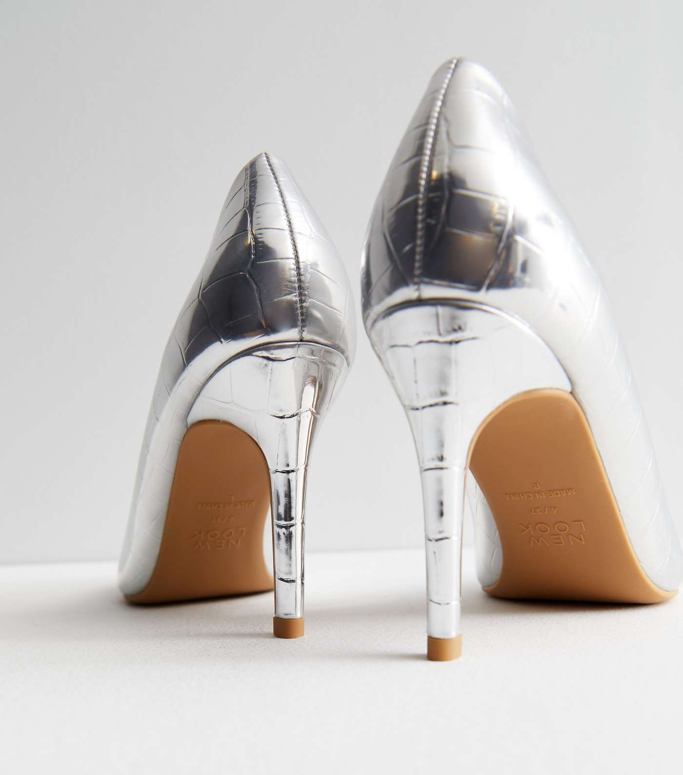Silver Metallic Faux Croc Stiletto Heel Court Shoes Image 4