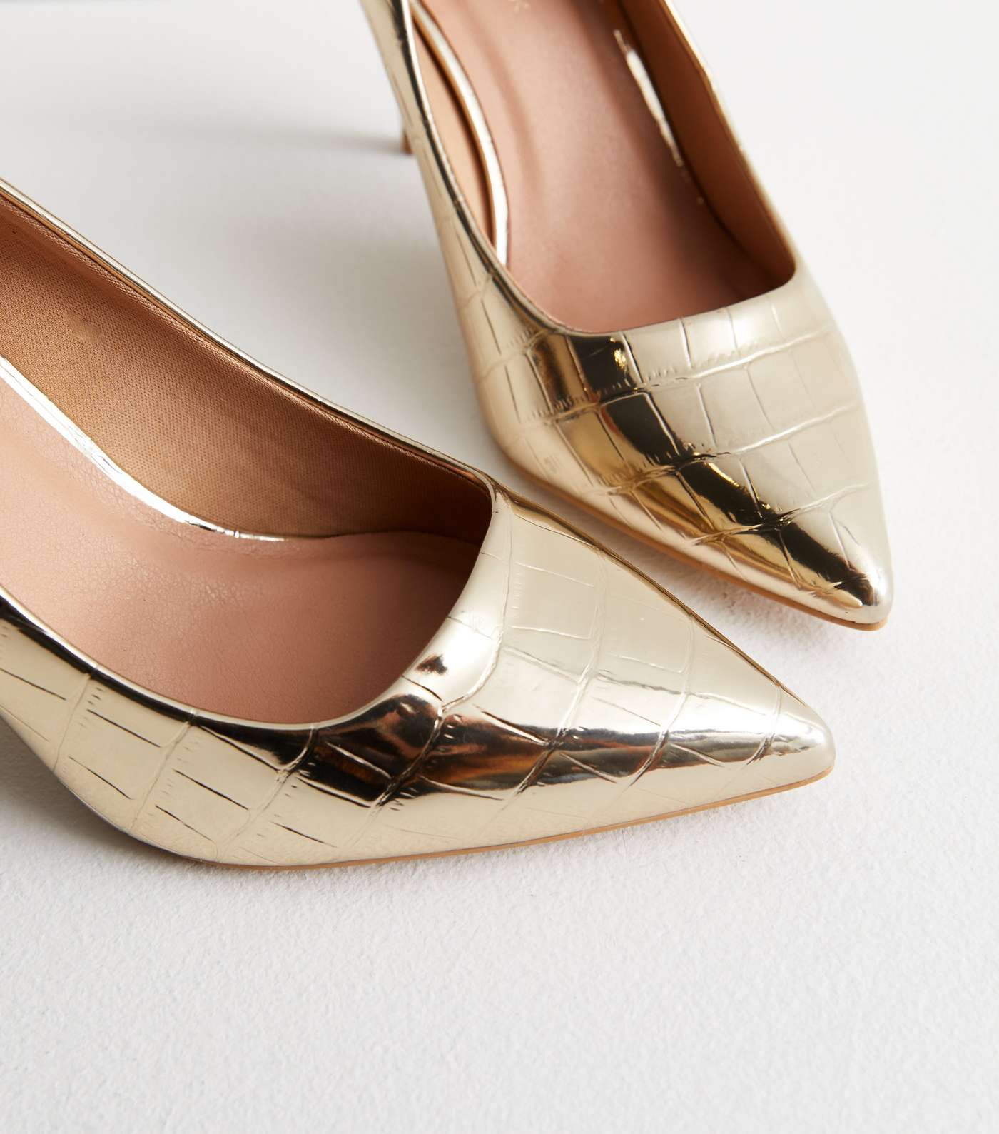 Gold Metallic Faux Croc Stiletto Heel Court Shoes Image 3